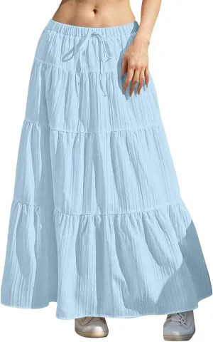 Tiered Long Skirts for Women Drawstring High Waisted Pleated Ruffle Maxi Skirt Flowy Swing Vacation Beach Skirt