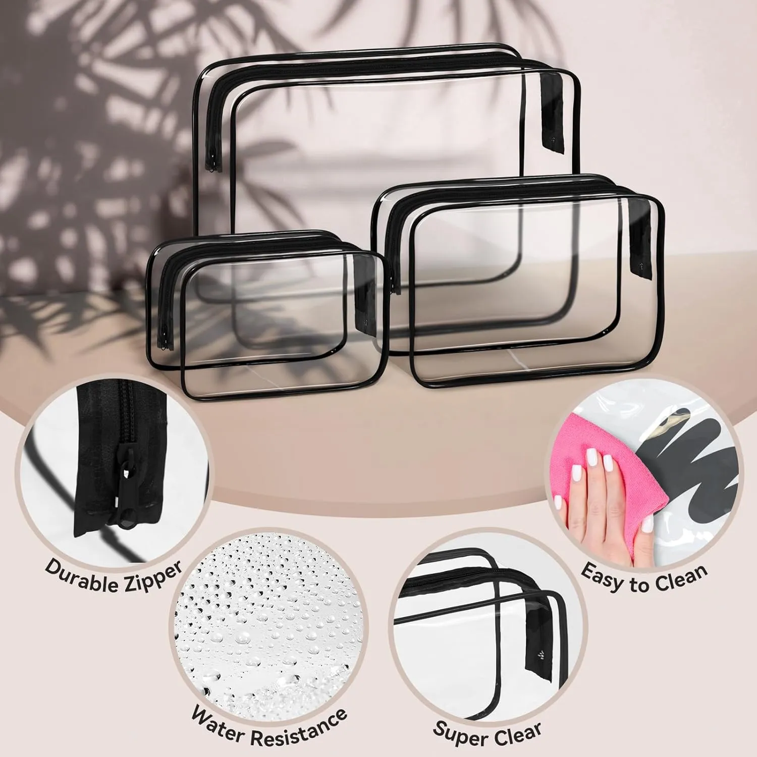 TISRATOK 16 PCS Clear Makeup Bag, Travel Essentials Toiletry Bag, Transparent PVC Cosmetic Organizer Toy-Lego Barbie Storage Pouch for Women Men- Black,Medium