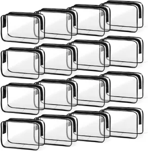TISRATOK 16 PCS Clear Makeup Bag, Travel Essentials Toiletry Bag, Transparent PVC Cosmetic Organizer Toy-Lego Barbie Storage Pouch for Women Men- Black,Medium