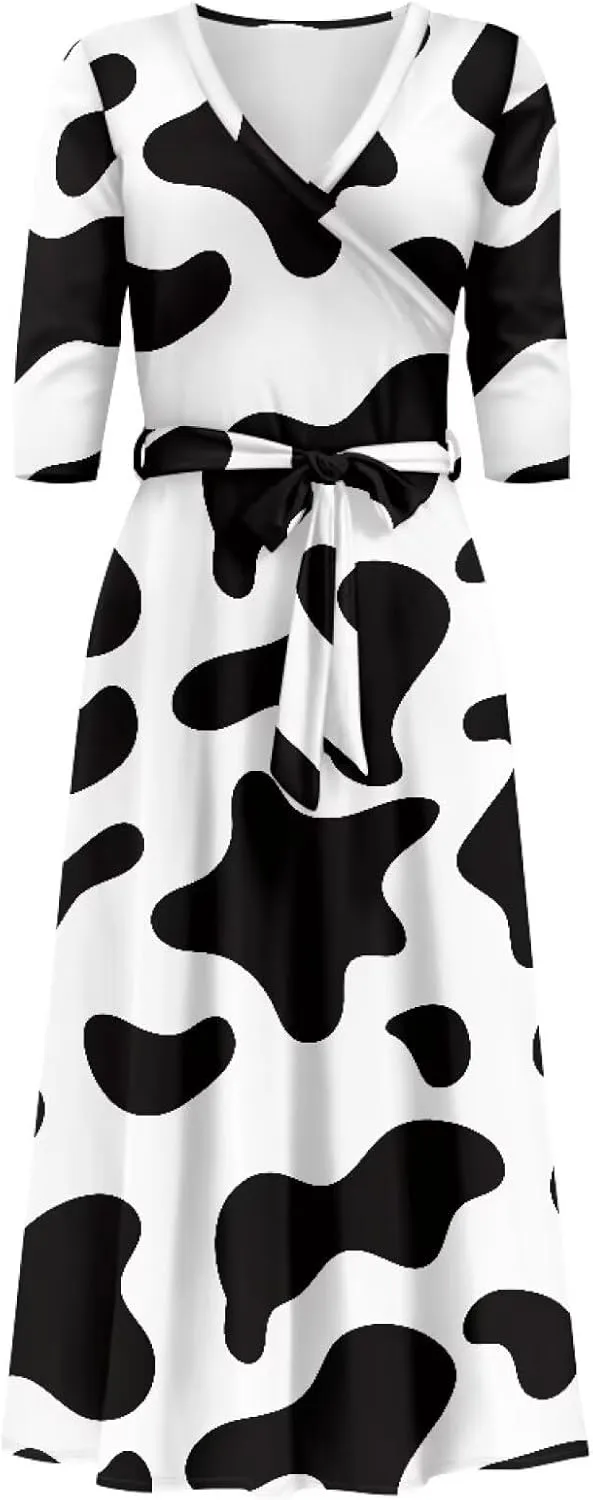 TOADDITDO Women Midi Dresses Casual 3/4 Sleeve Wrap Dress Plus Size Curvy Cocktail Dresses with Pockets