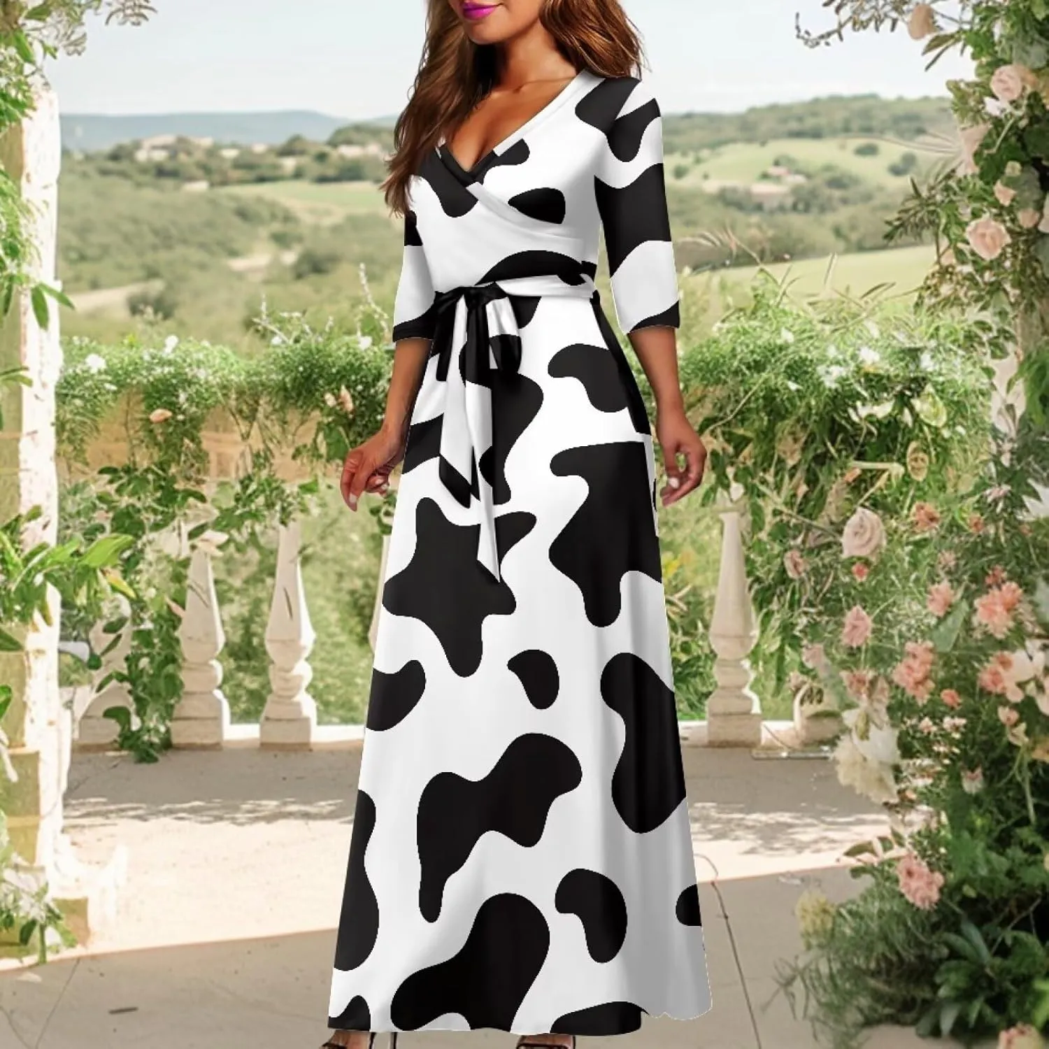 TOADDITDO Women Midi Dresses Casual 3/4 Sleeve Wrap Dress Plus Size Curvy Cocktail Dresses with Pockets