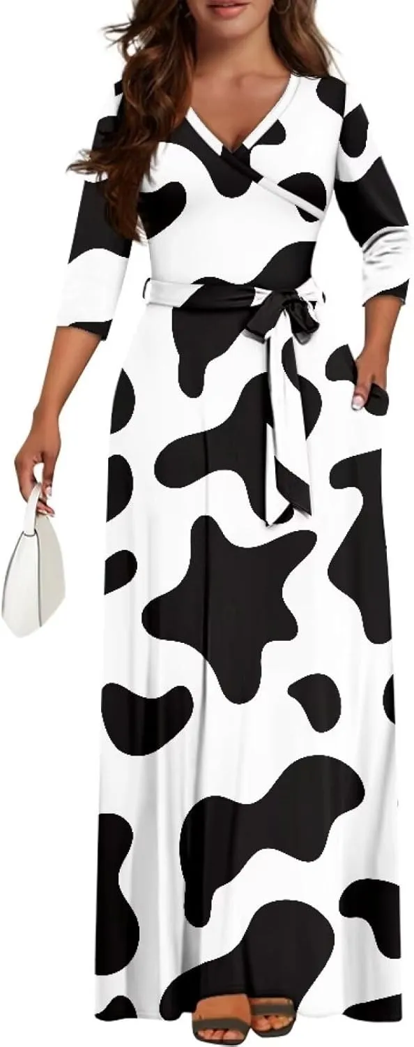 TOADDITDO Women Midi Dresses Casual 3/4 Sleeve Wrap Dress Plus Size Curvy Cocktail Dresses with Pockets
