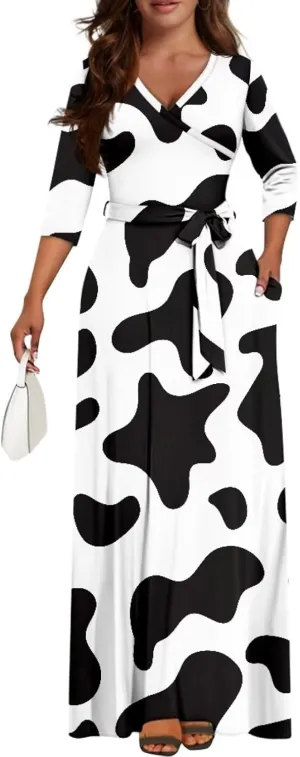 TOADDITDO Women Midi Dresses Casual 3/4 Sleeve Wrap Dress Plus Size Curvy Cocktail Dresses with Pockets