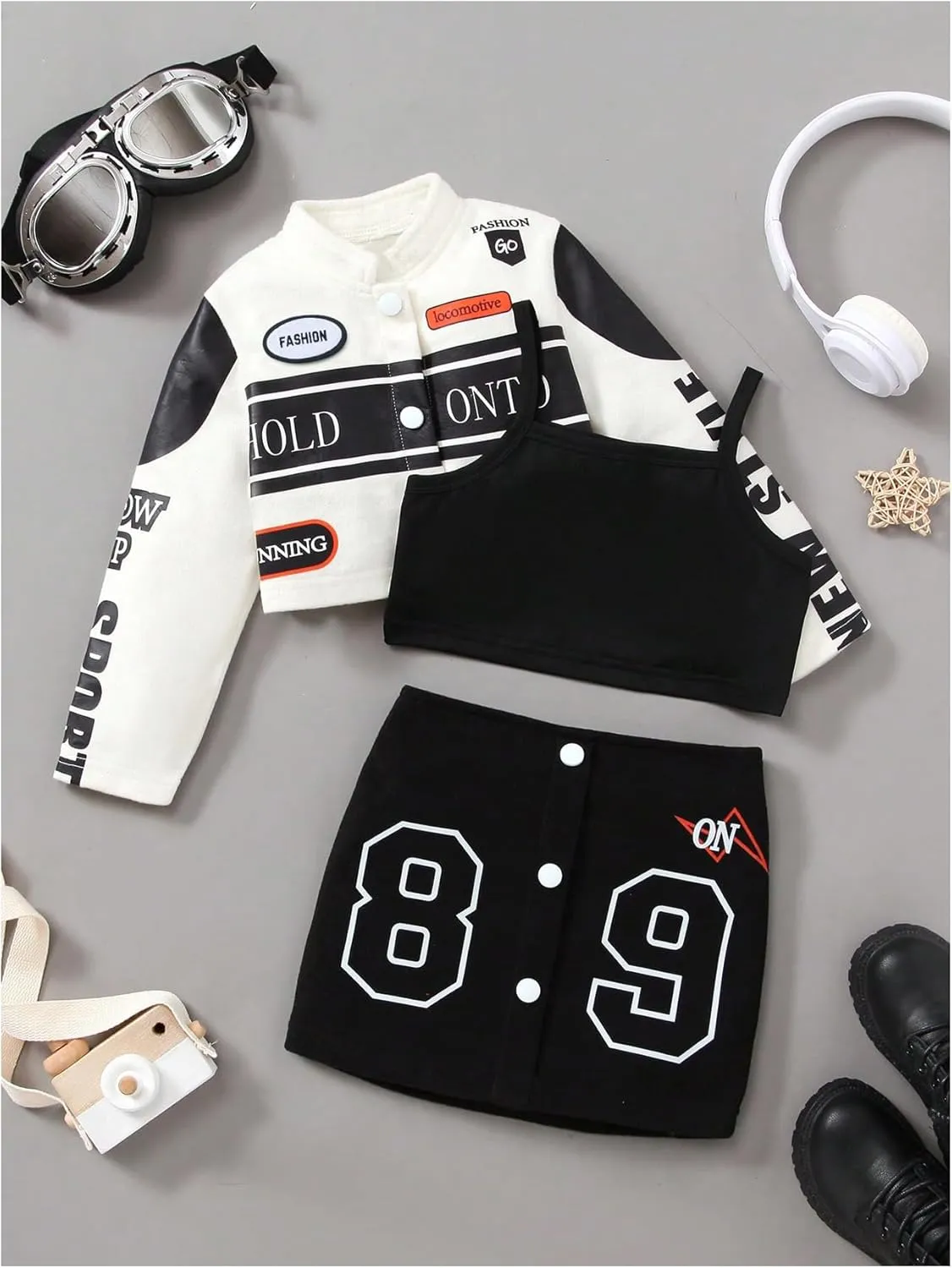Toddler Girl's 3 Piece Outfit Letter Print Button Down Crop Jacket and Camisole and Motorcycle Skirt Set