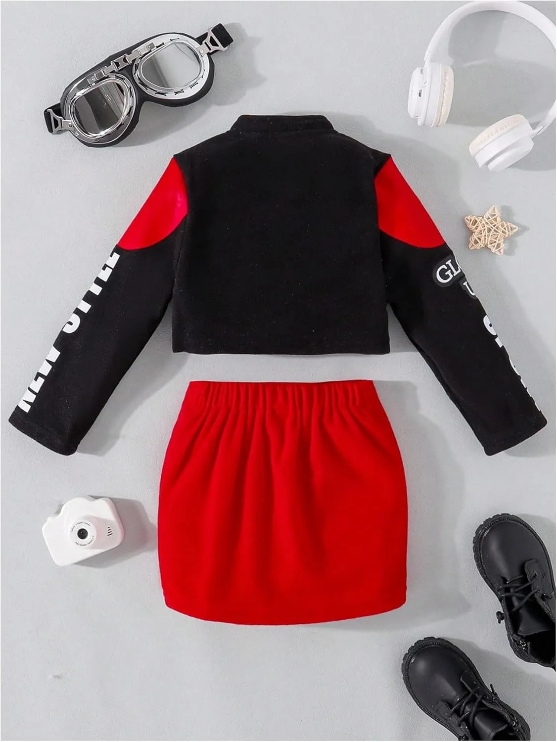 Toddler Girl's 3 Piece Outfit Letter Print Button Down Crop Jacket and Camisole and Motorcycle Skirt Set