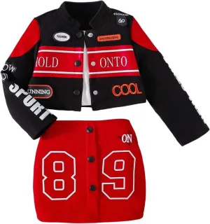 Toddler Girl's 3 Piece Outfit Letter Print Button Down Crop Jacket and Camisole and Motorcycle Skirt Set