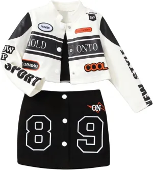 Toddler Girl's 3 Piece Outfit Letter Print Button Down Crop Jacket and Camisole and Motorcycle Skirt Set