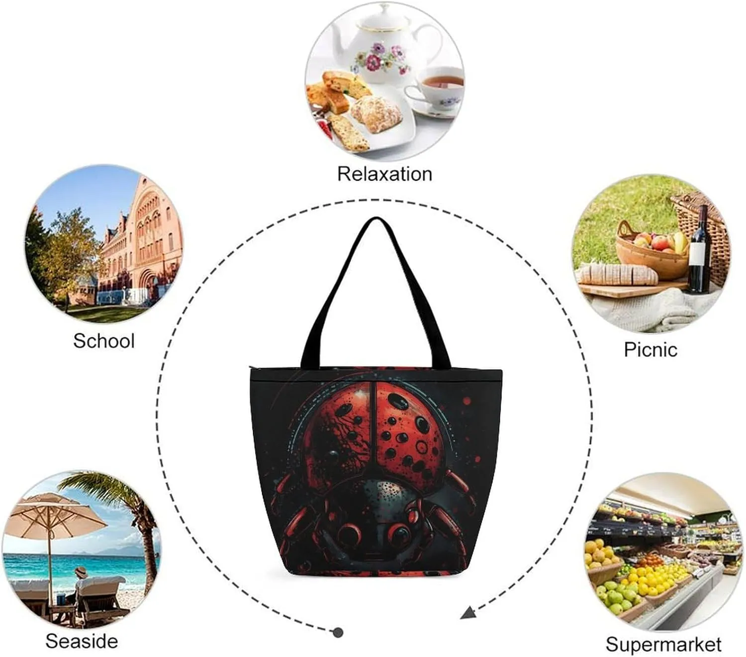 Tote Bag for Women Grocery Bag Cartoon Ladybug Foldable Shopping Bags Reusable Large Tote Bag