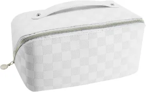 Travel Makeup Bag,Large Capacity Cosmetic Bags for Women,Waterproof Portable Pouch Open Flat Toiletry Bag Make up Organizer with Divider (White)