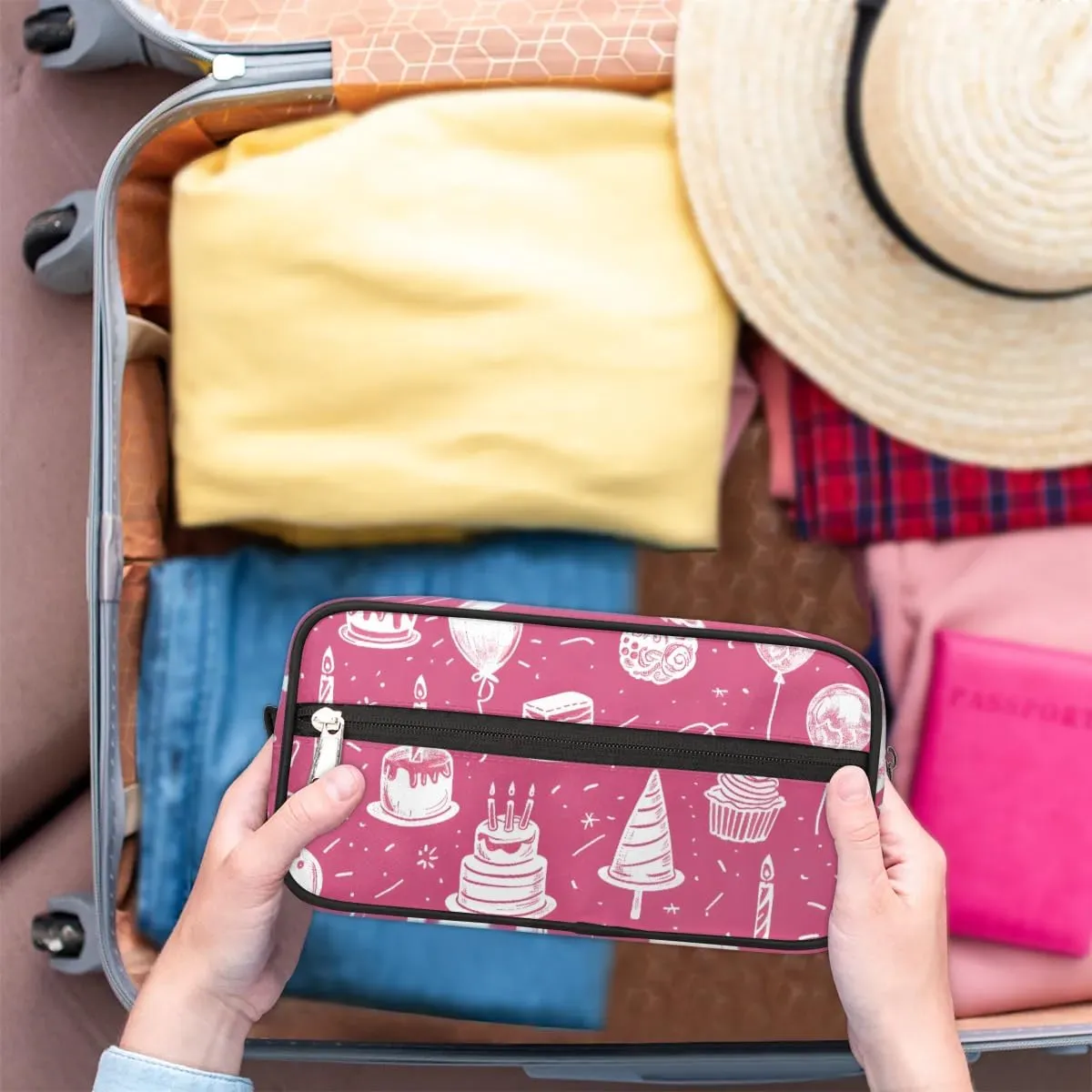 Travel Toiletry Bag for Women Men Birthday Cakes Balloons Hanging Cosmetic Bag Waterproof Makeup Bag for Shaving Makeup Toothbrush & Travel Essentials