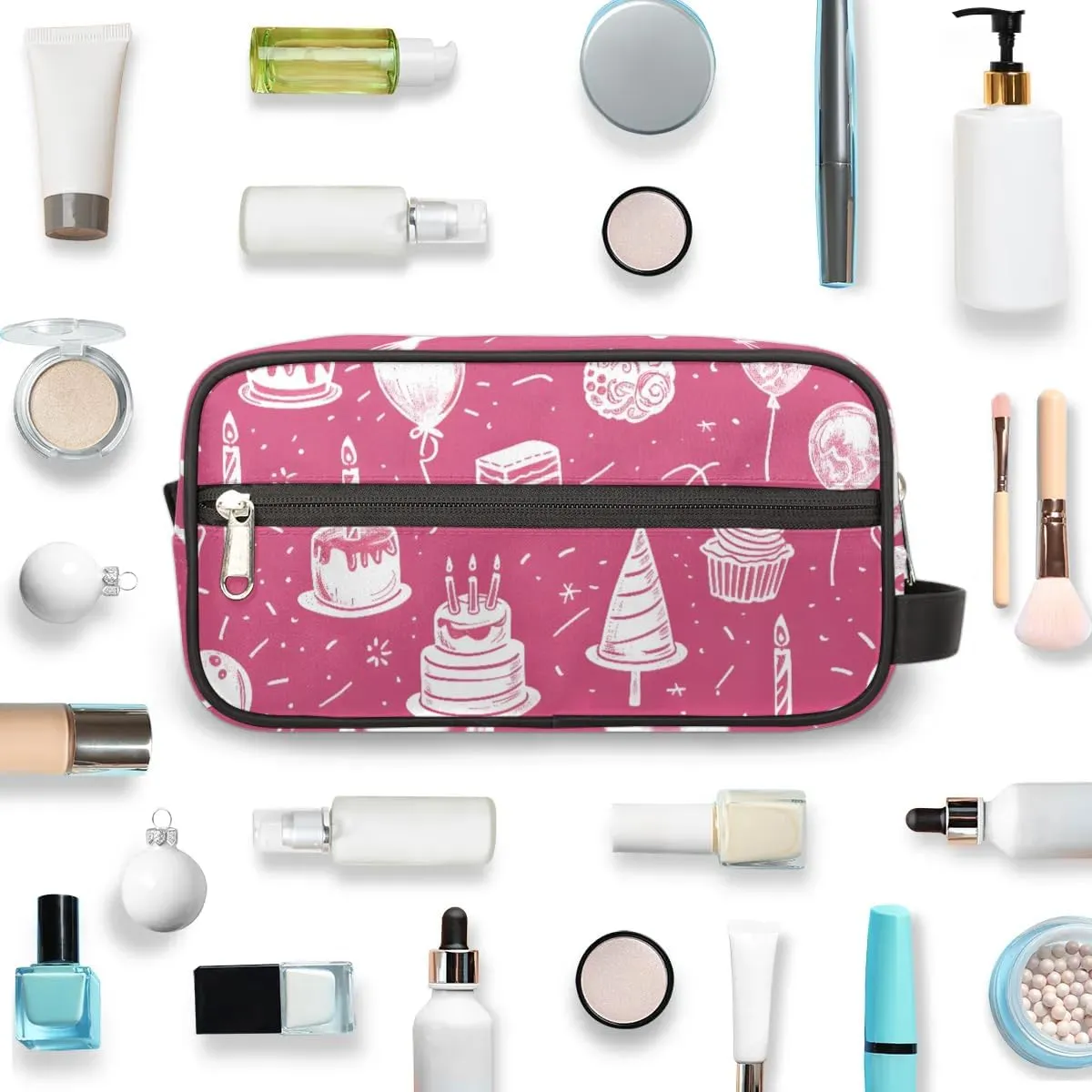 Travel Toiletry Bag for Women Men Birthday Cakes Balloons Hanging Cosmetic Bag Waterproof Makeup Bag for Shaving Makeup Toothbrush & Travel Essentials