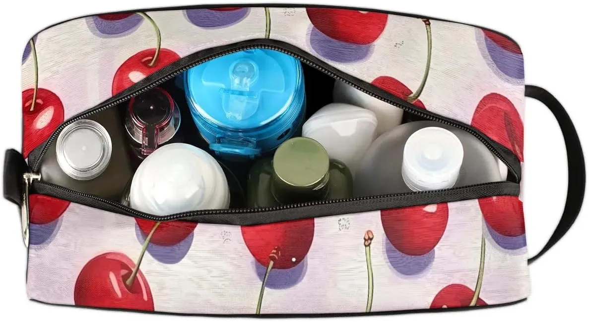 Travel Toiletry Bag for Women Men Cute Cherry Print Hanging Cosmetic Bag Waterproof Makeup Bag for Shaving Makeup Toothbrush & Travel Essentials