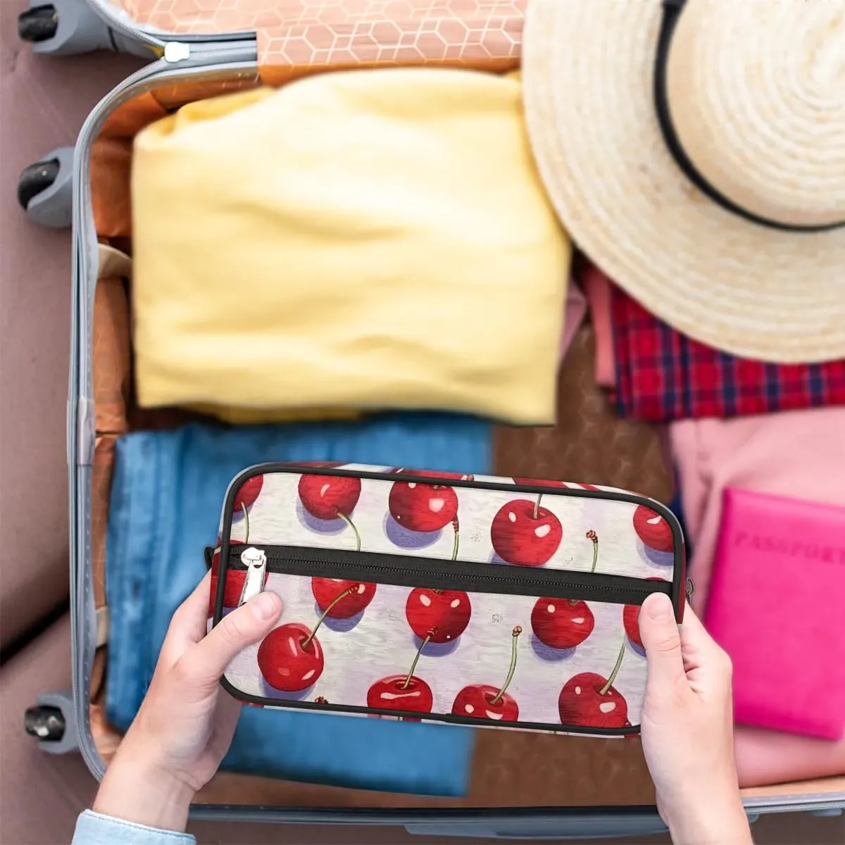 Travel Toiletry Bag for Women Men Cute Cherry Print Hanging Cosmetic Bag Waterproof Makeup Bag for Shaving Makeup Toothbrush & Travel Essentials