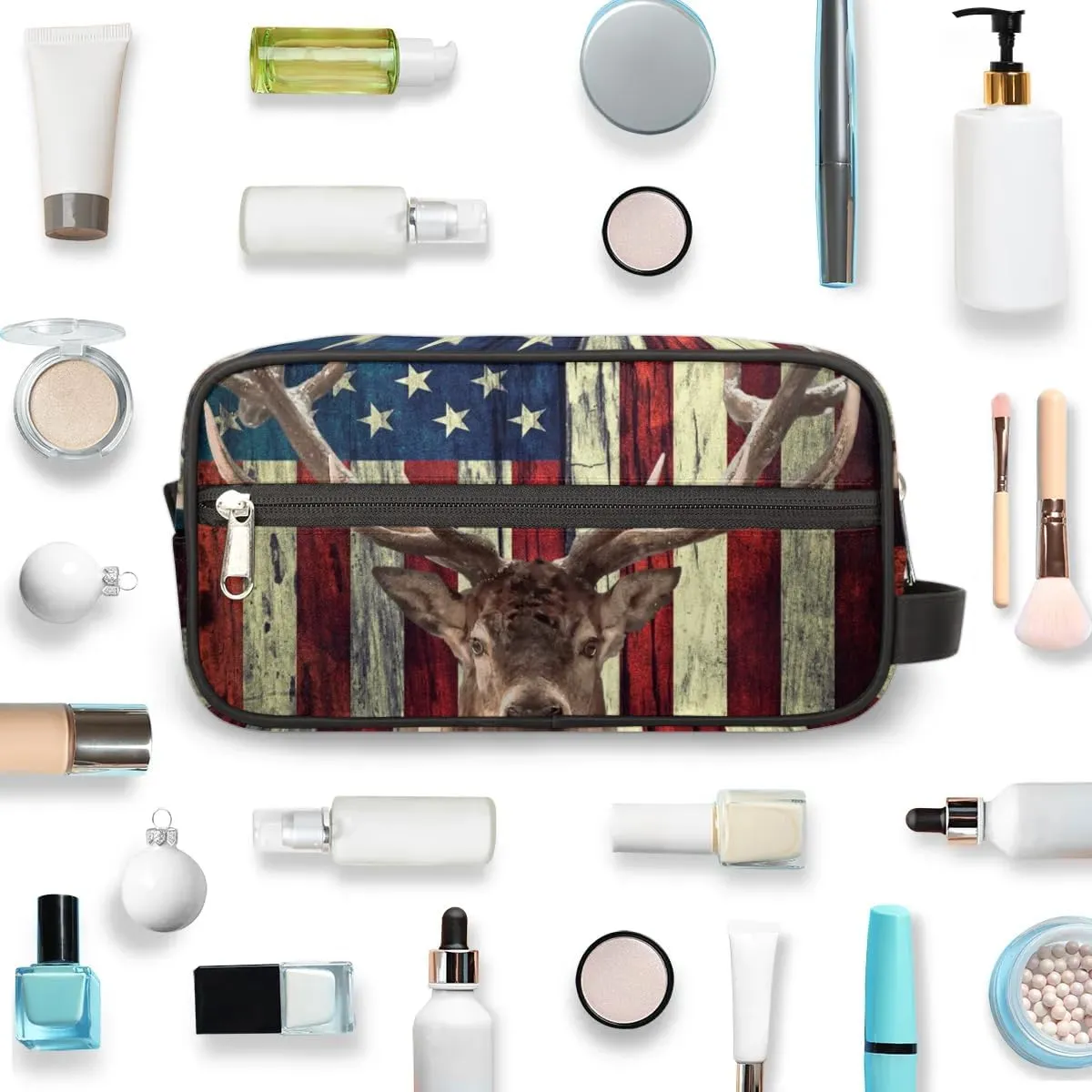 Travel Toiletry Bag for Women Men Deer Stars Stripes Hanging Cosmetic Bag Waterproof Makeup Bag for Shaving Makeup Toothbrush & Travel Essentials
