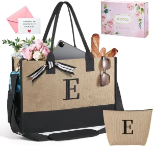 TRSODD Birthday Gifts for Women Mothers Day Gifts for Mom Wife Grandma Daughter Sister Bridesmaid Initial Jute Tote Bag and Makeup Bag E