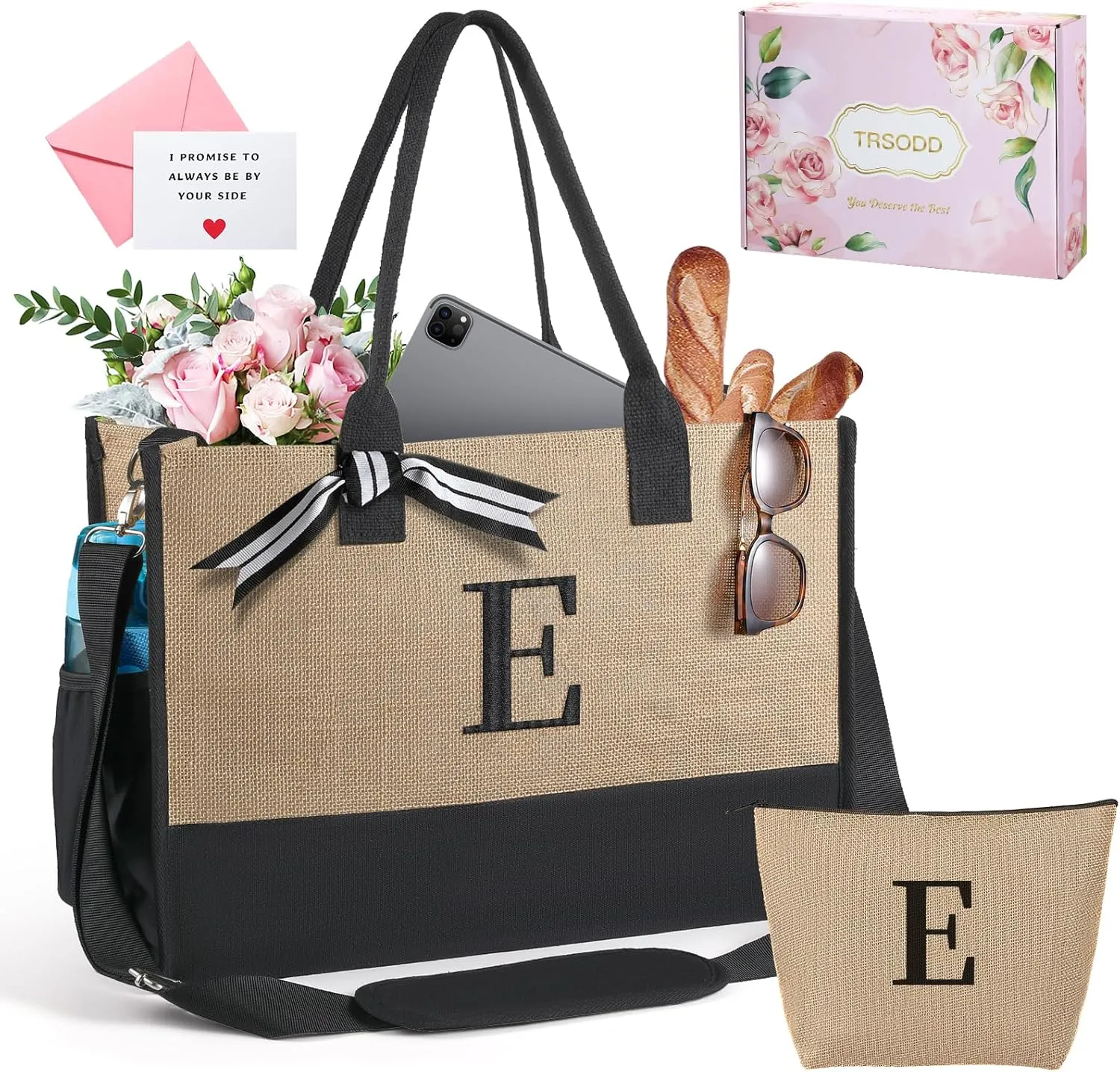 TRSODD Birthday Gifts for Women Mothers Day Gifts for Mom Wife Grandma Daughter Sister Bridesmaid Initial Jute Tote Bag and Makeup Bag E