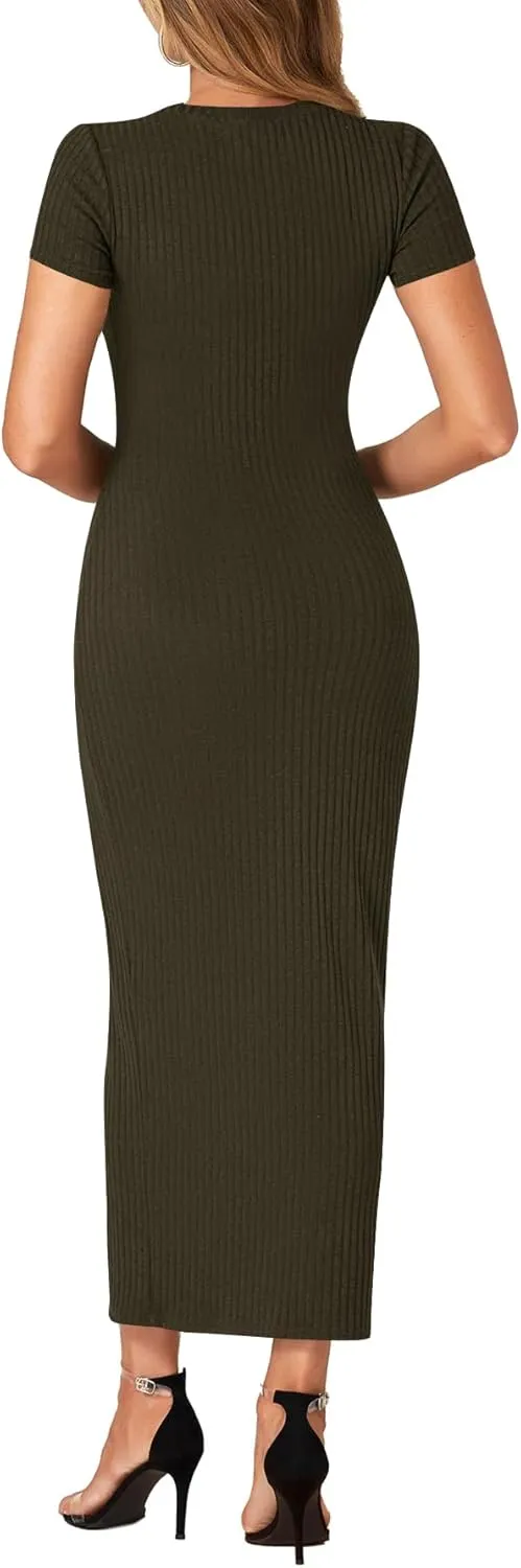 Umenlele Womens Casual Short Sleeve Ribbed Knit Bodycon Fitted Pencil Long Maxi Dress