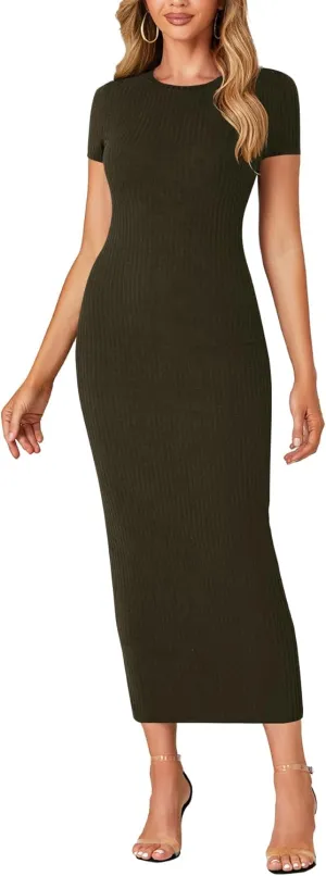 Umenlele Womens Casual Short Sleeve Ribbed Knit Bodycon Fitted Pencil Long Maxi Dress