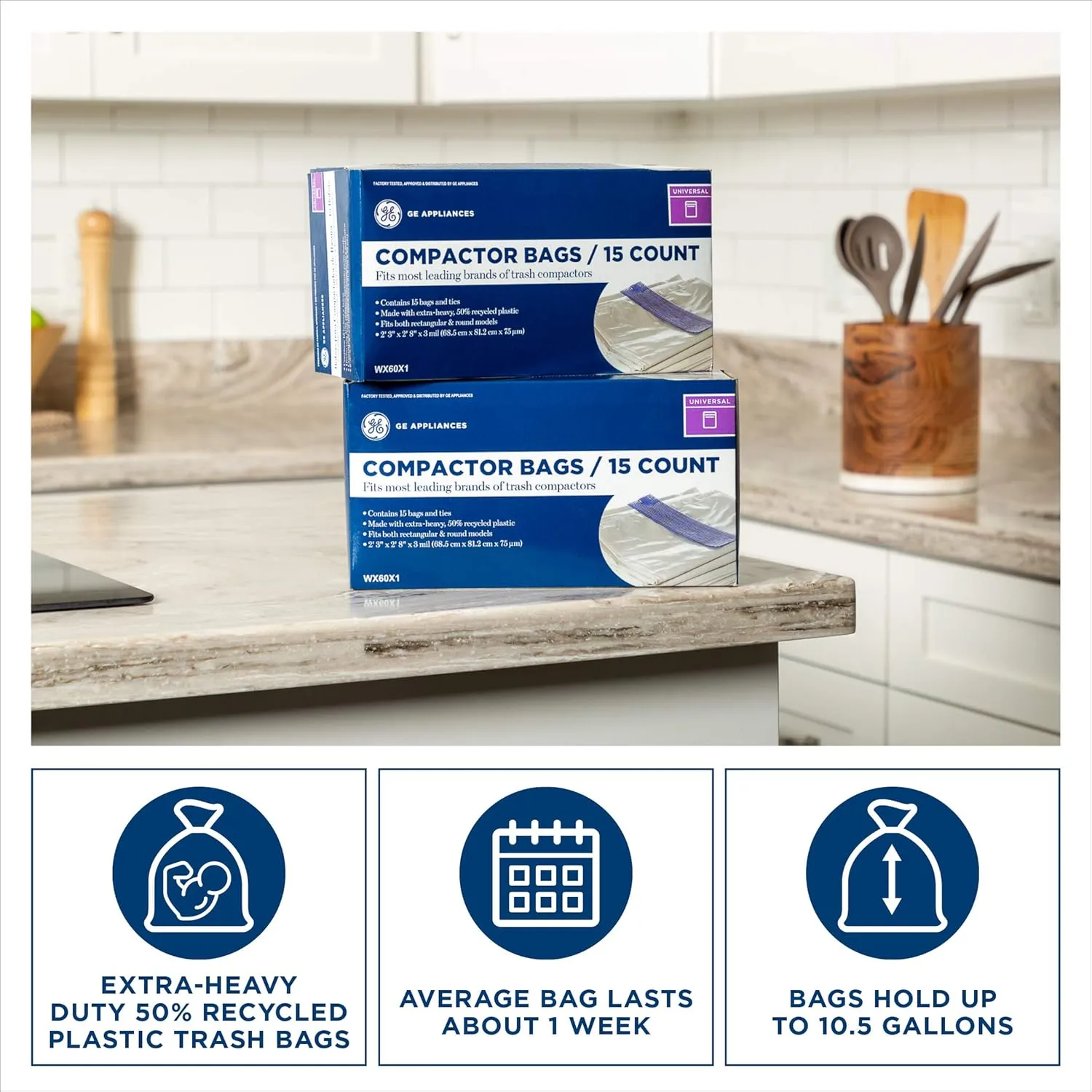 Universal 18 Gallon Heavy Duty Trash Compactor Bags, 2 Pack, WX60X1-2PK, Fits 15 inch Compactors, Compatible with Kitchenaid, Kenmore, Whirlpool, GE Appliances and most 15 inch Garbage Cans