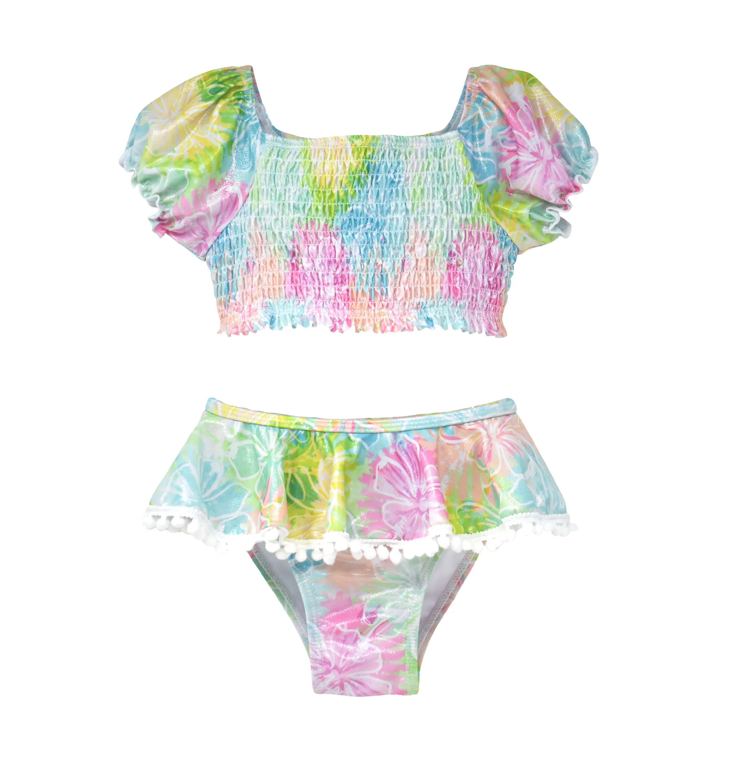 UPF 50  Gemma Two-Piece Smocked Pom-Pom Swimsuit - F