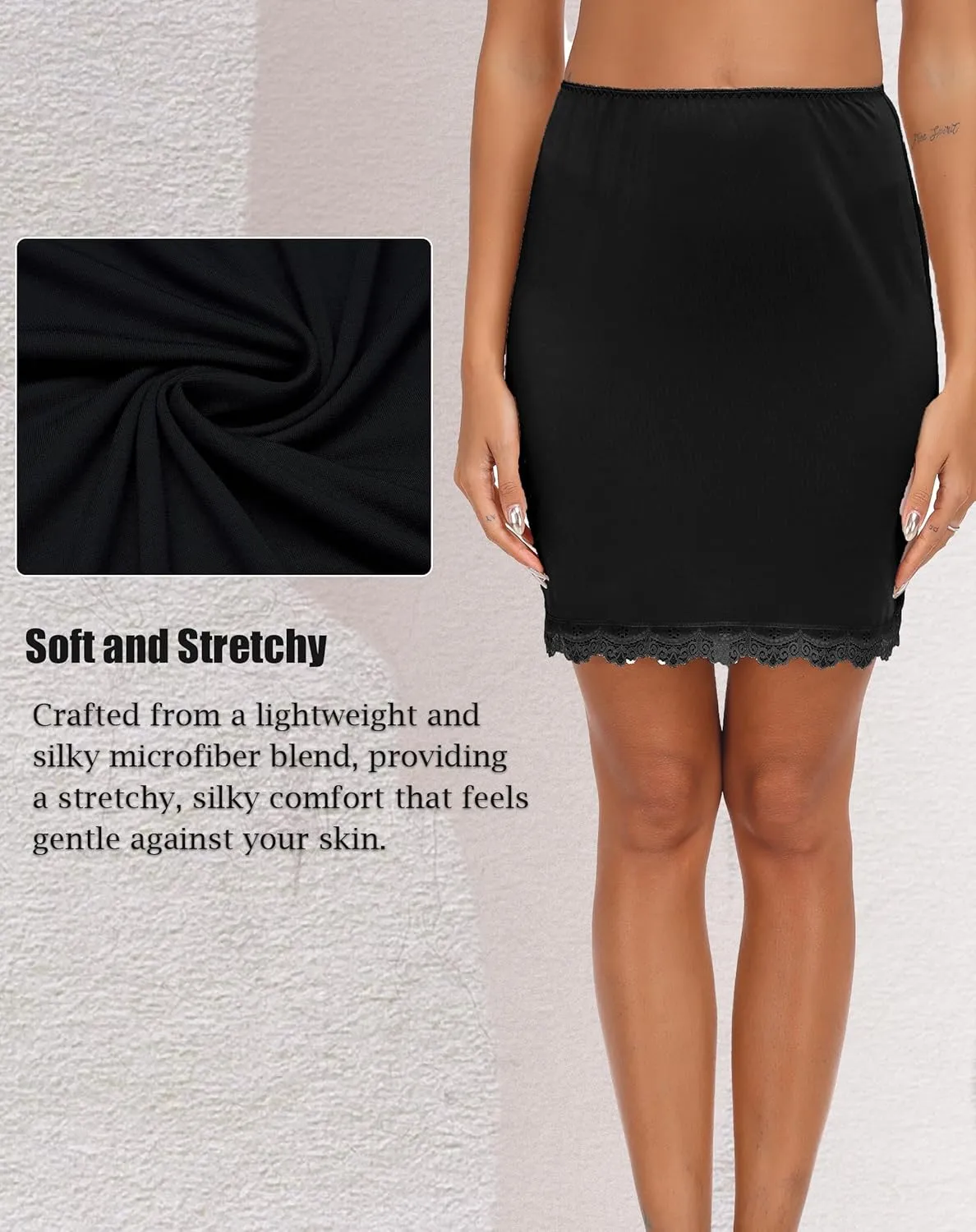 Vlazom Women's Satin Half Slip for Under Dresses Above Knee Underskirt with Lace Trim Size S-XXL