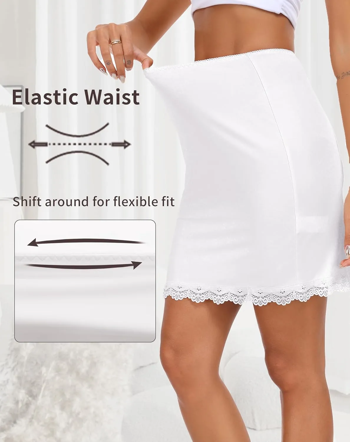 Vlazom Women's Satin Half Slip for Under Dresses Above Knee Underskirt with Lace Trim Size S-XXL
