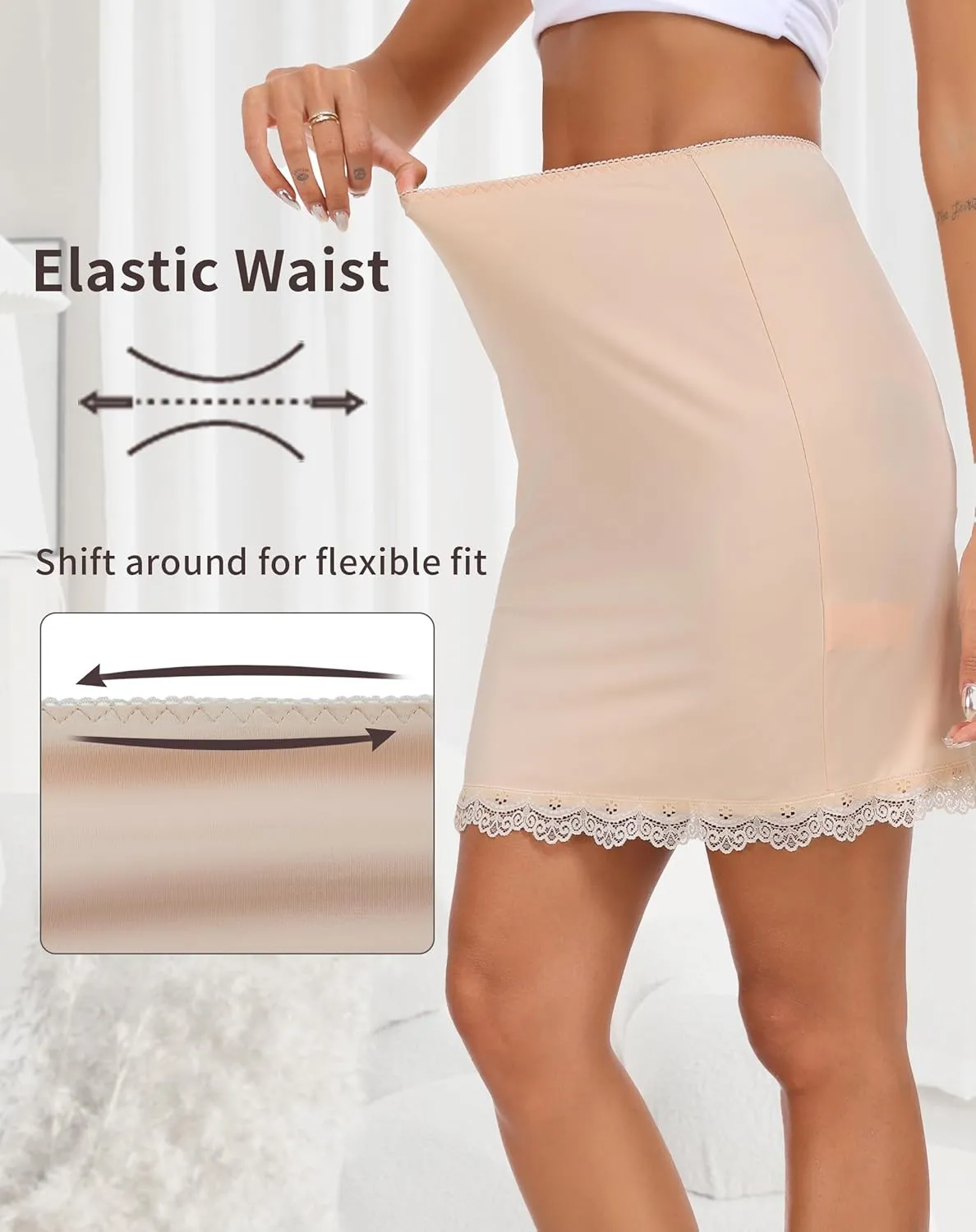 Vlazom Women's Satin Half Slip for Under Dresses Above Knee Underskirt with Lace Trim Size S-XXL