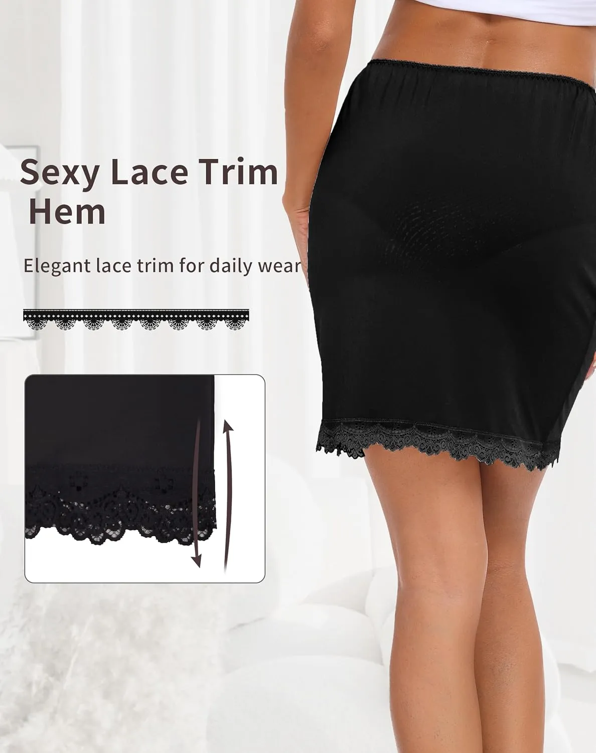 Vlazom Women's Satin Half Slip for Under Dresses Above Knee Underskirt with Lace Trim Size S-XXL