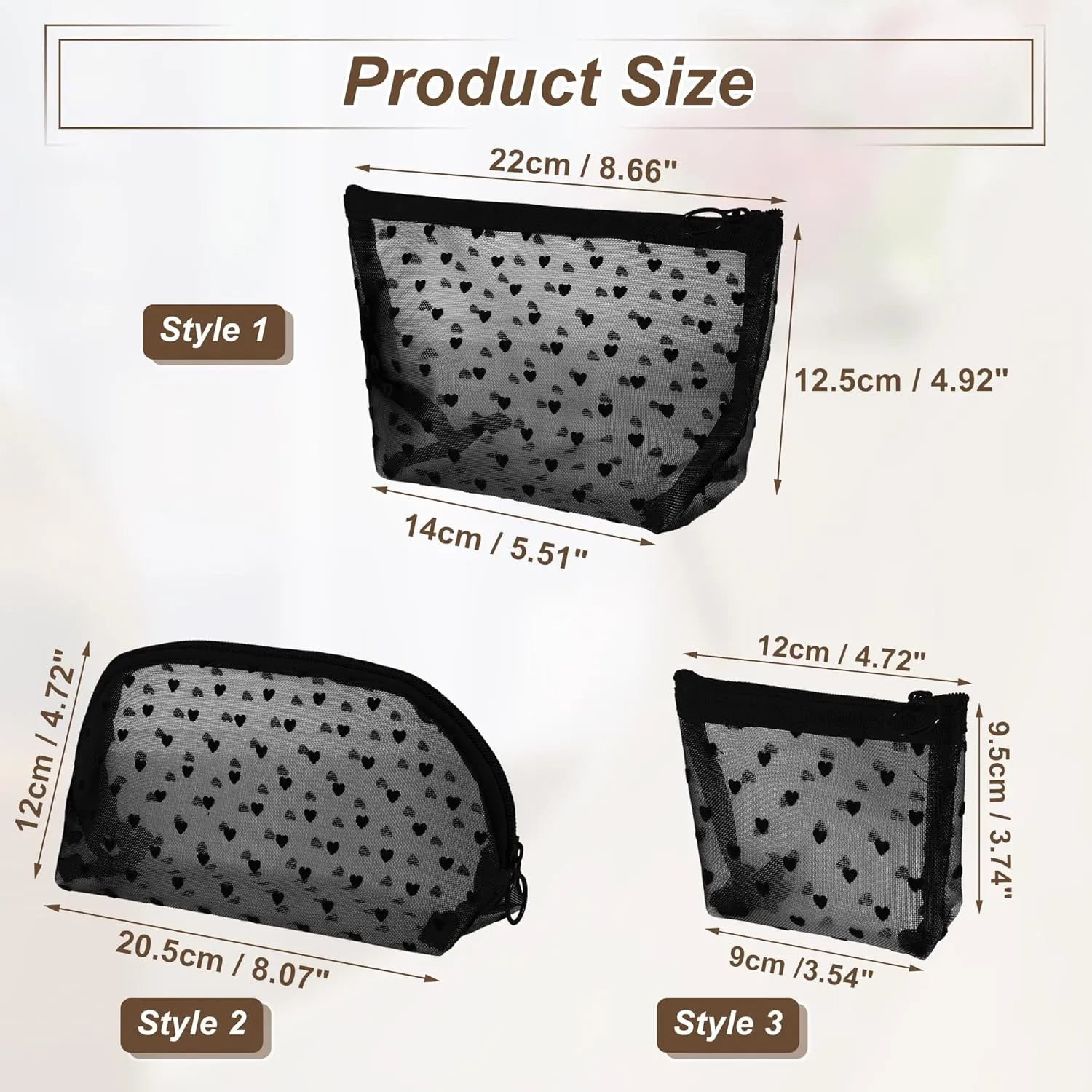 VOCOSTE 4pcs Heart Shape Print Mesh Makeup Bag, Makeup Bag Clear, Mesh Bags with Zipper, Clear Makeup Pouch Mesh Bags, Make Up Bags for Women, Black