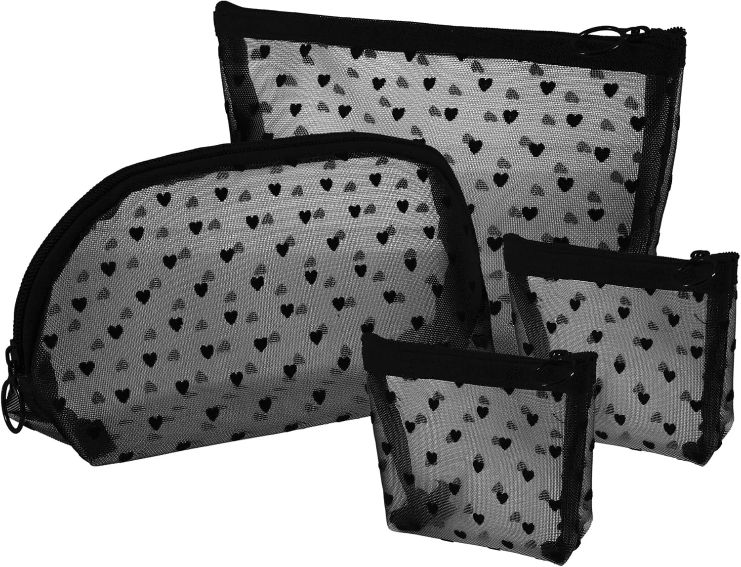 VOCOSTE 4pcs Heart Shape Print Mesh Makeup Bag, Makeup Bag Clear, Mesh Bags with Zipper, Clear Makeup Pouch Mesh Bags, Make Up Bags for Women, Black
