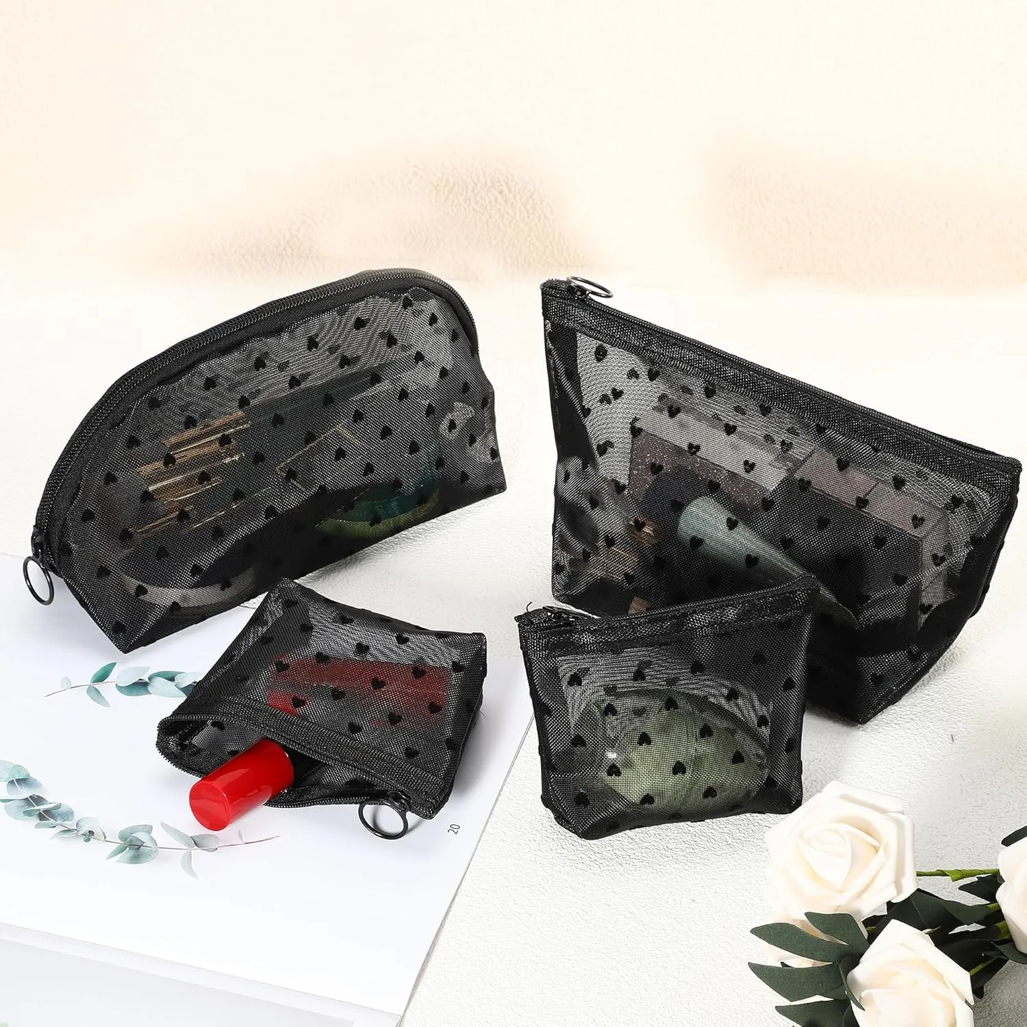 VOCOSTE 4pcs Heart Shape Print Mesh Makeup Bag, Makeup Bag Clear, Mesh Bags with Zipper, Clear Makeup Pouch Mesh Bags, Make Up Bags for Women, Black