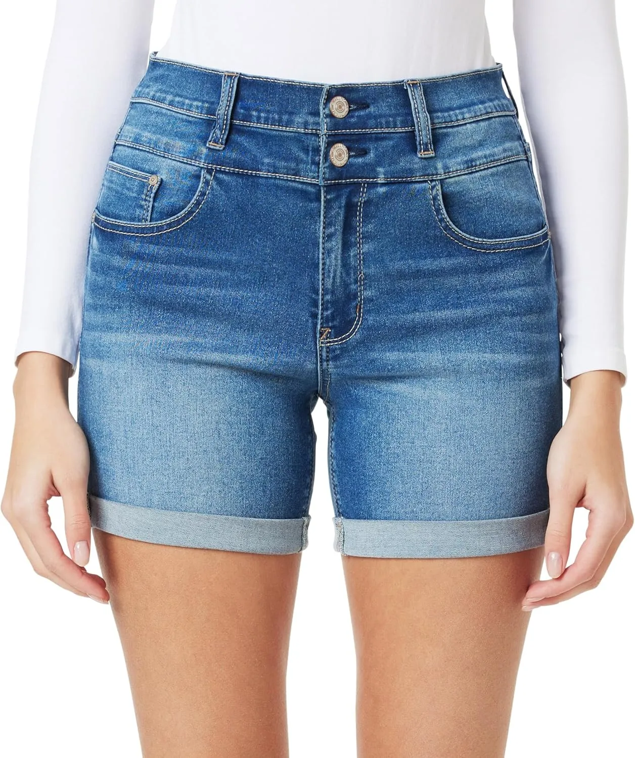 WallFlower Women's Sassy 5" Midi Denim Shorts High-Rise Insta Soft Juniors