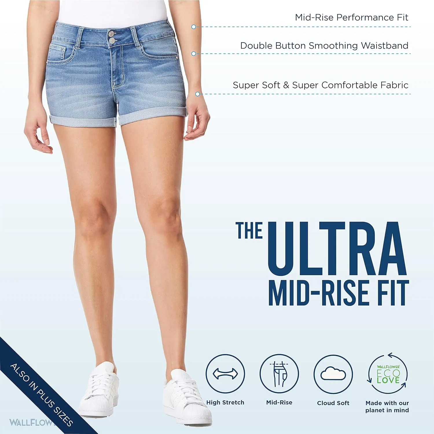WallFlower Women's Ultra Denim Shorts Mid-Rise Insta Soft Juniors (Standard and Plus)