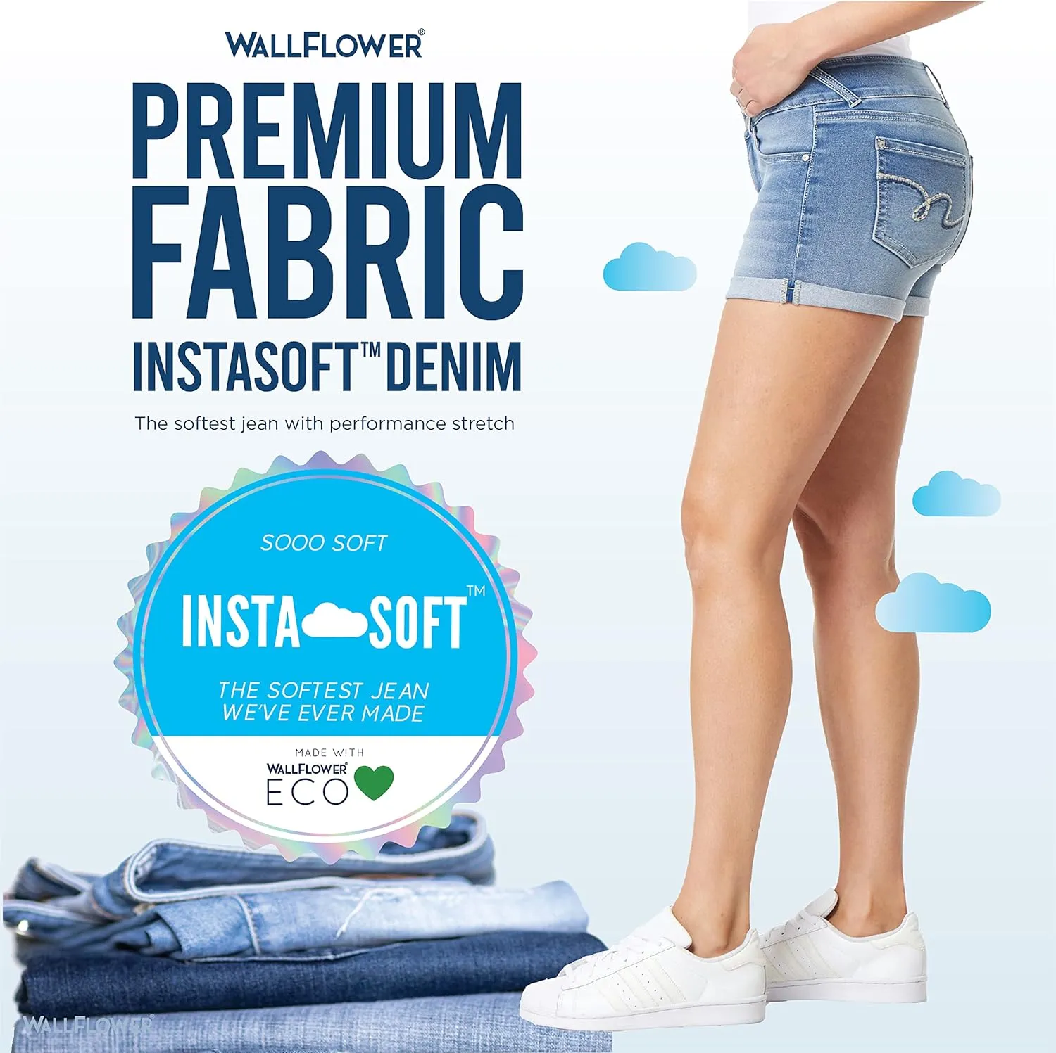 WallFlower Women's Ultra Denim Shorts Mid-Rise Insta Soft Juniors (Standard and Plus)