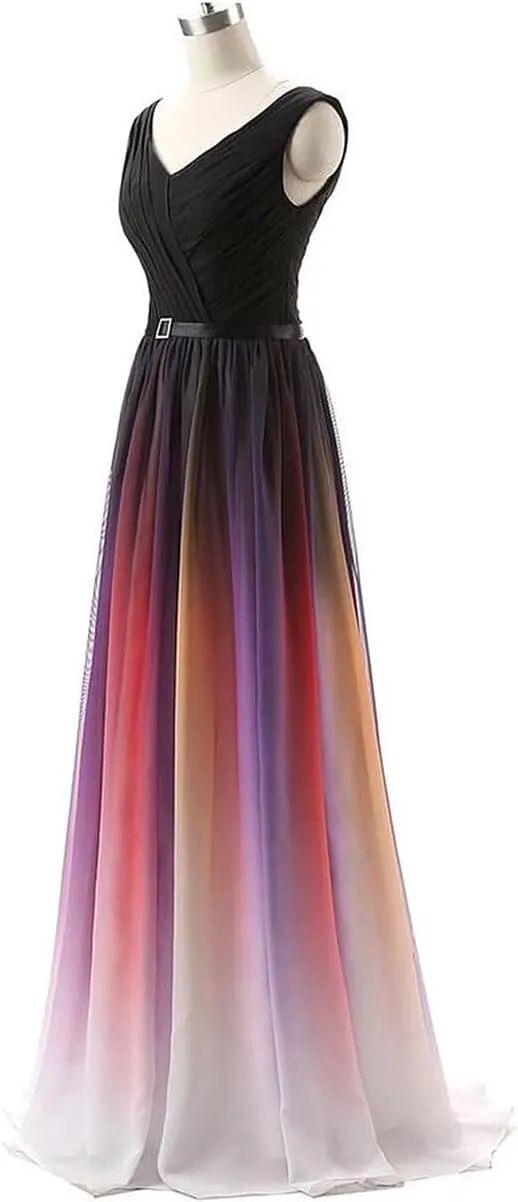 WDBFY Women's Gradient Ombre Chiffon Evening Dresses Beaded Long Formal Prom Dresses A-Line Bridesmaid Gowns