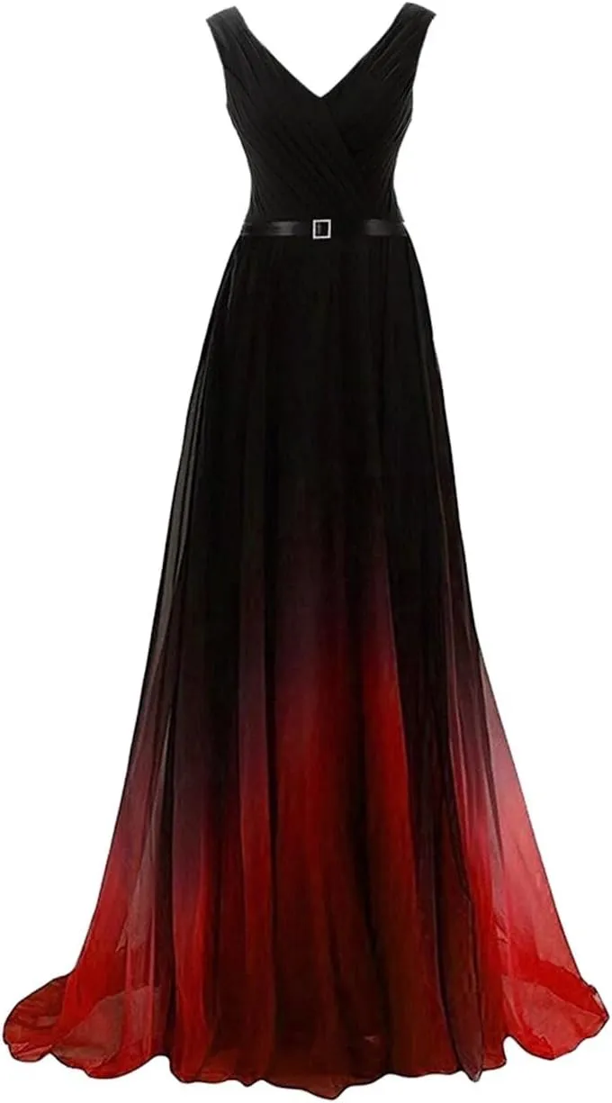 WDBFY Women's Gradient Ombre Chiffon Evening Dresses Beaded Long Formal Prom Dresses A-Line Bridesmaid Gowns