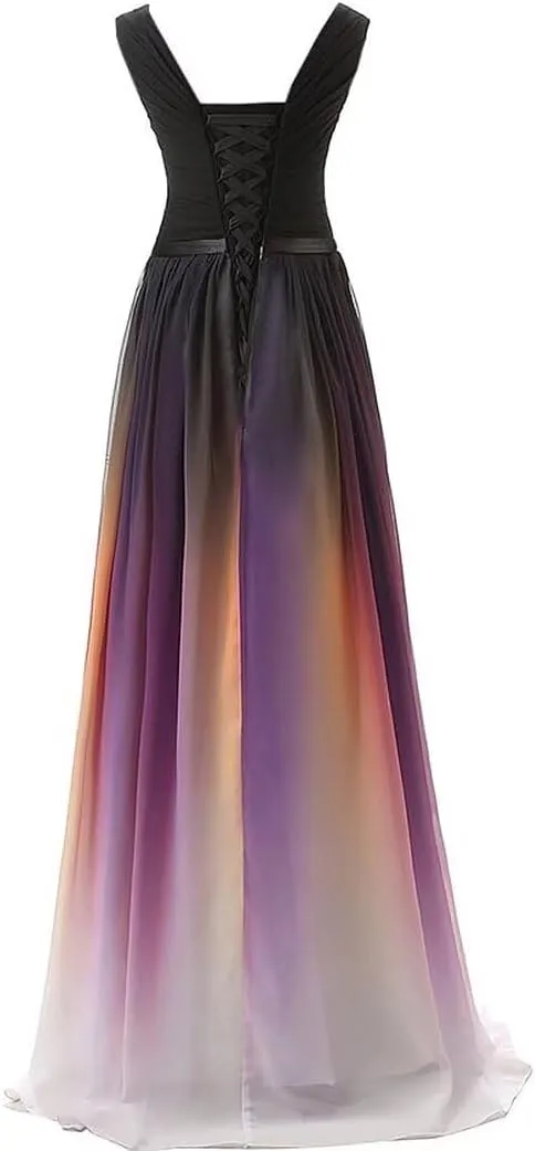 WDBFY Women's Gradient Ombre Chiffon Evening Dresses Beaded Long Formal Prom Dresses A-Line Bridesmaid Gowns
