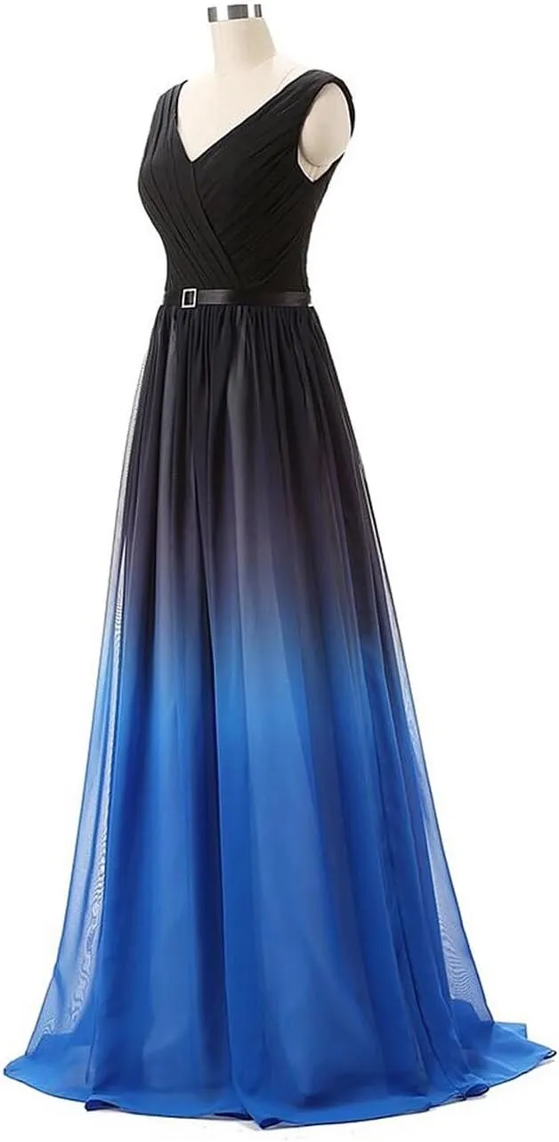 WDBFY Women's Gradient Ombre Chiffon Evening Dresses Beaded Long Formal Prom Dresses A-Line Bridesmaid Gowns
