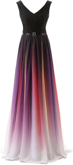 WDBFY Women's Gradient Ombre Chiffon Evening Dresses Beaded Long Formal Prom Dresses A-Line Bridesmaid Gowns