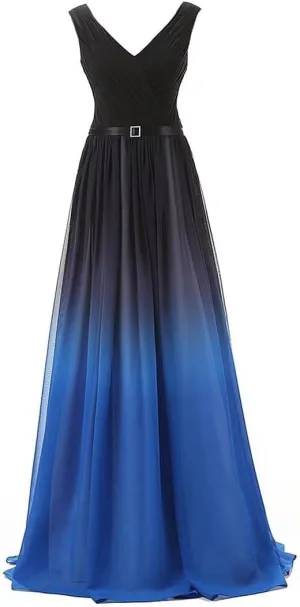 WDBFY Women's Gradient Ombre Chiffon Evening Dresses Beaded Long Formal Prom Dresses A-Line Bridesmaid Gowns