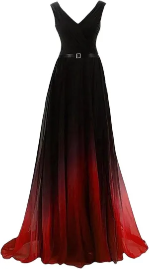 WDBFY Women's Gradient Ombre Chiffon Evening Dresses Beaded Long Formal Prom Dresses A-Line Bridesmaid Gowns