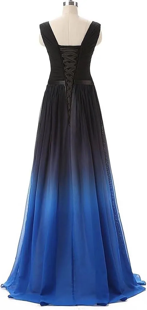 WDBFY Women's Gradient Ombre Chiffon Evening Dresses Beaded Long Formal Prom Dresses A-Line Bridesmaid Gowns