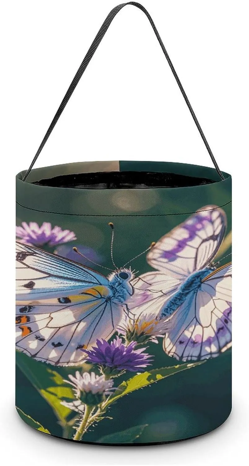 White Purple Butterflies Halloween Tote Candy Bag Candy Basket Candy Bucket Gift Bag for Halloween Party