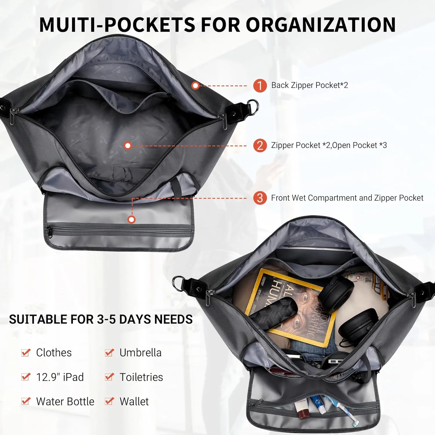 WITZMAN Travel Duffle Bags for Men Weekender Bags with Toiletry Bag Sets Carry On Overnight Bag 55L B696 Silvery Grey
