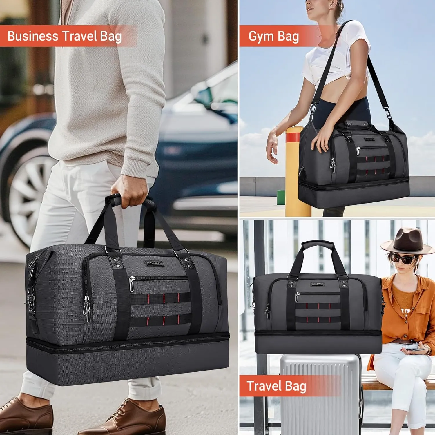 WITZMAN Travel Duffle Bags for Men Weekender Bags with Toiletry Bag Sets Carry On Overnight Bag 55L B696 Silvery Grey