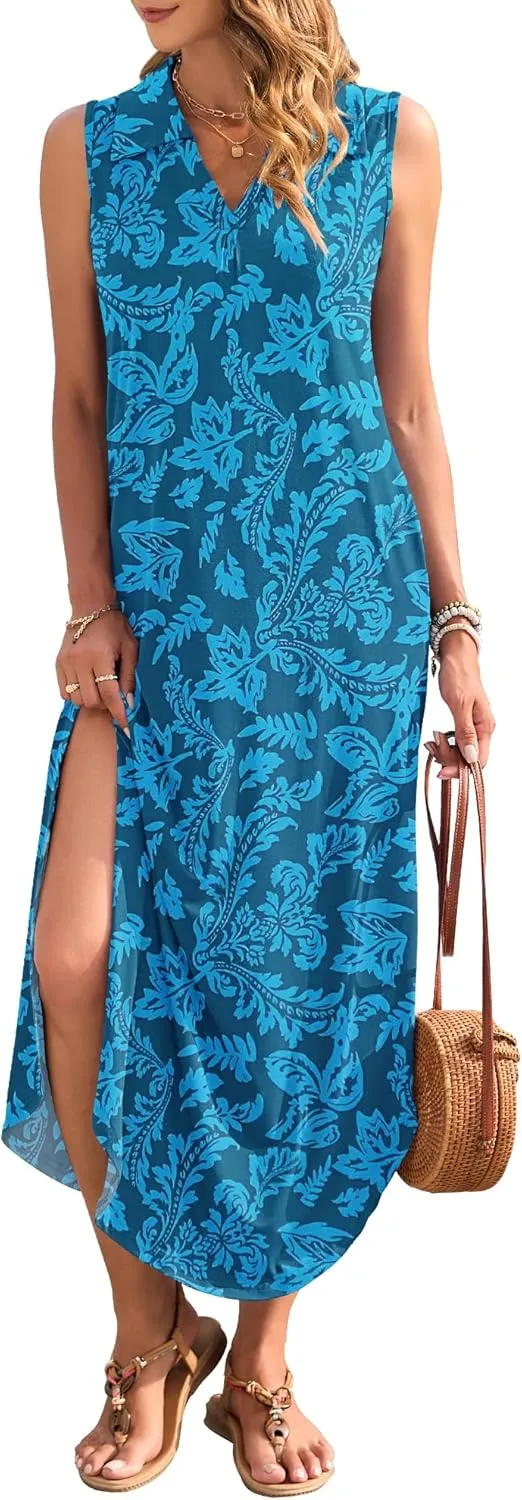 WNEEDU Summer Dresses for Women 2025 Maxi Dresses Casual Collared V-Neck Sleeveless Sundresses Split Beach Vacation Outfits