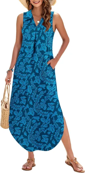 WNEEDU Summer Dresses for Women 2025 Maxi Dresses Casual Collared V-Neck Sleeveless Sundresses Split Beach Vacation Outfits