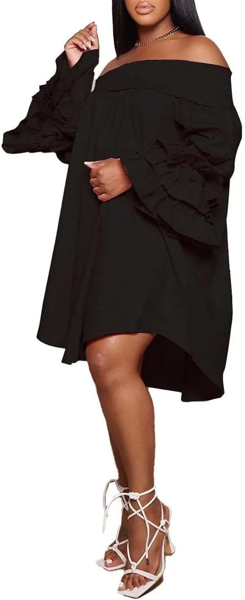 WOKANSE Women's Sexy Solid Color Layered Flare Sleeve Cold Shoulder A Line Shoulder Ruched Midi Dresses Night Out
