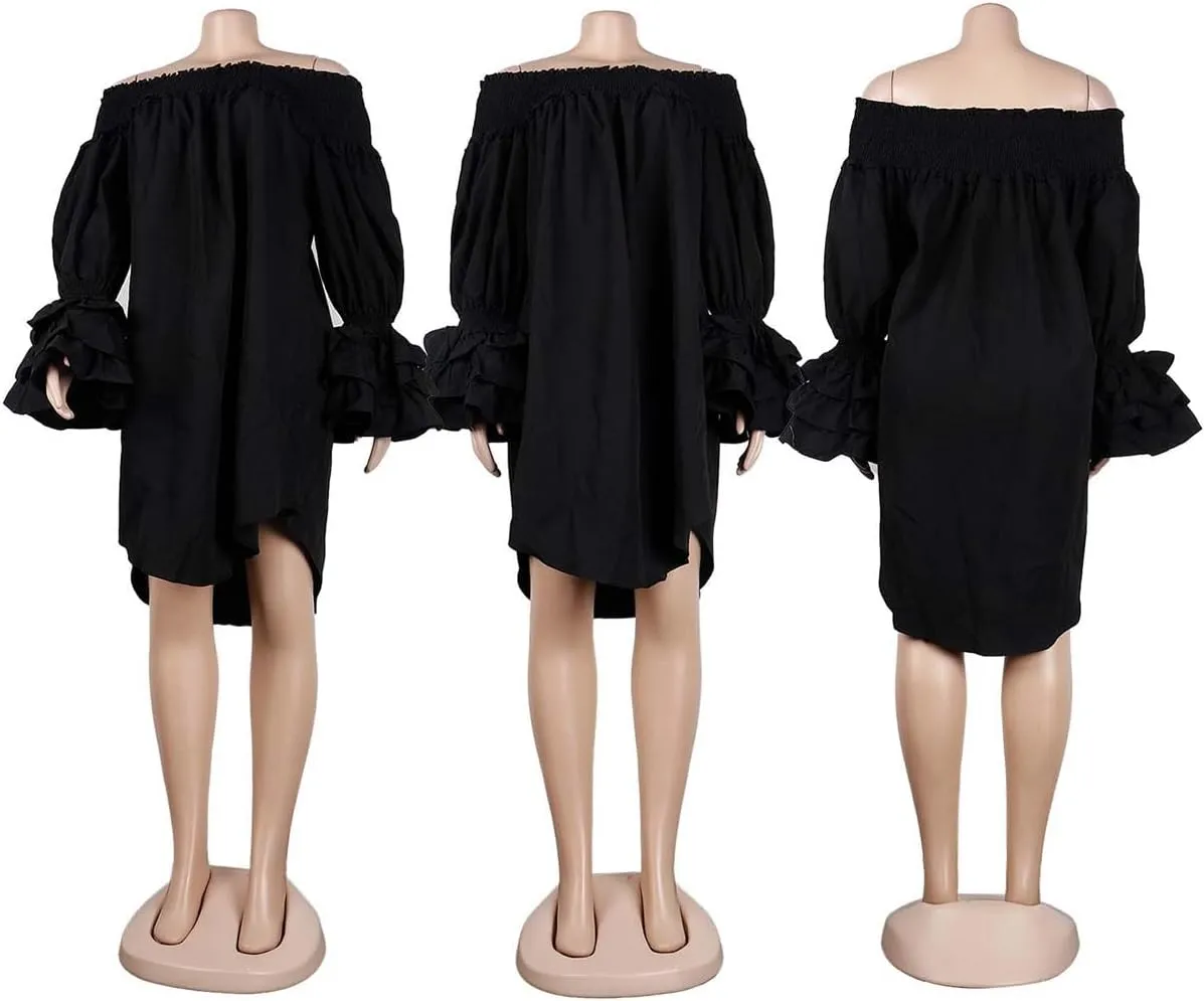 WOKANSE Women's Sexy Solid Color Layered Flare Sleeve Cold Shoulder A Line Shoulder Ruched Midi Dresses Night Out