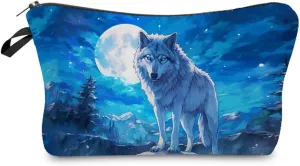 Wolf Makeup Bag Moon Wolf Small Organizer Bag Toiletry Zipper Pouch Snow Wolf Cosmetic Bag Present for Wolf Lovers Women Friends